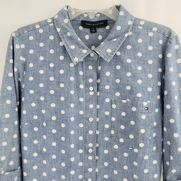 Tommy Hilfiger Button-Down Shirt NWOT MEDIUM Blue Polka Dot Roll-Tab Sleeves - Picture 3 of 8